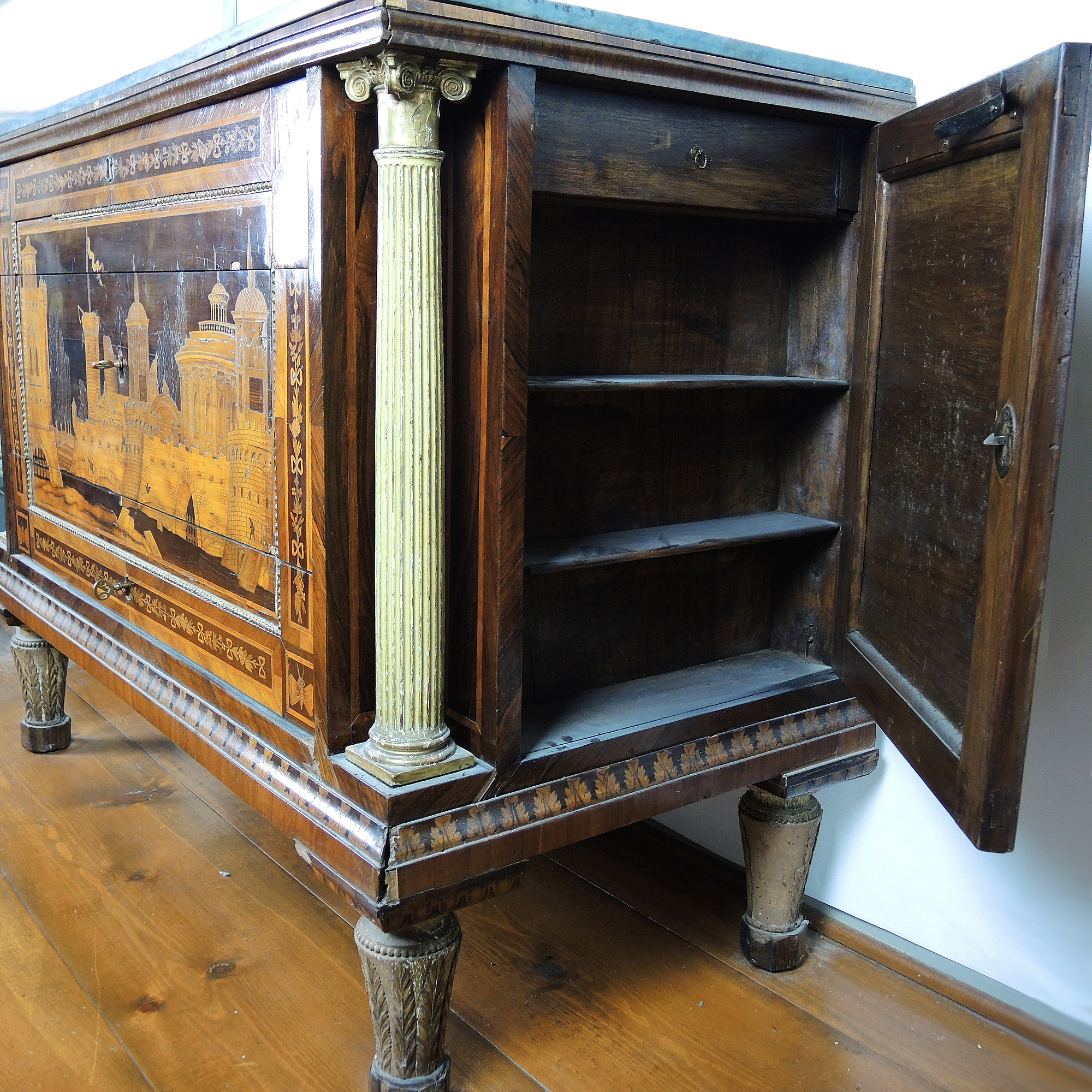 19th Century Italian Marquetry Inlaid Cabinet with Castle Scene