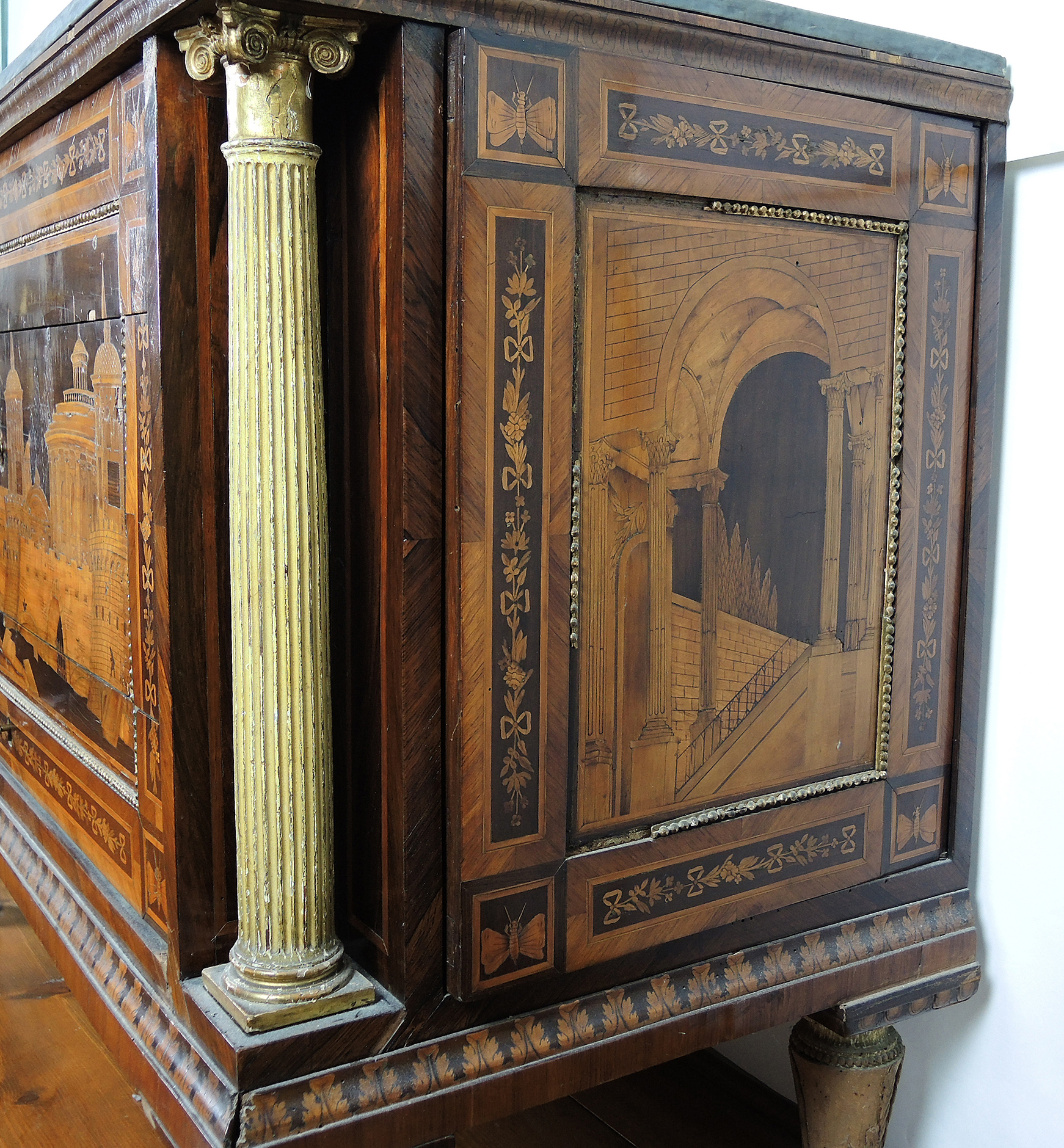 19th Century Italian Marquetry Inlaid Cabinet with Castle Scene