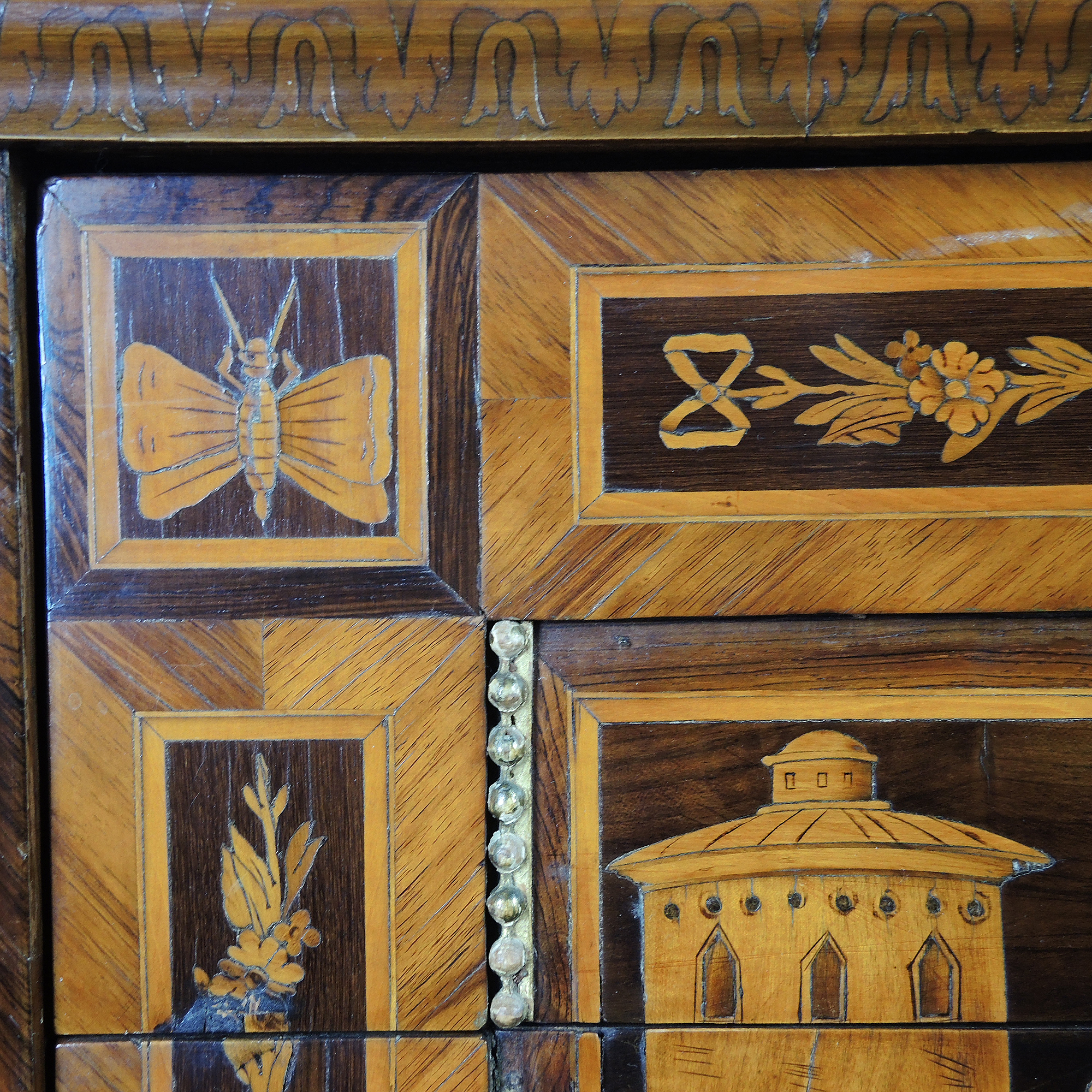 19th Century Italian Marquetry Inlaid Cabinet with Castle Scene