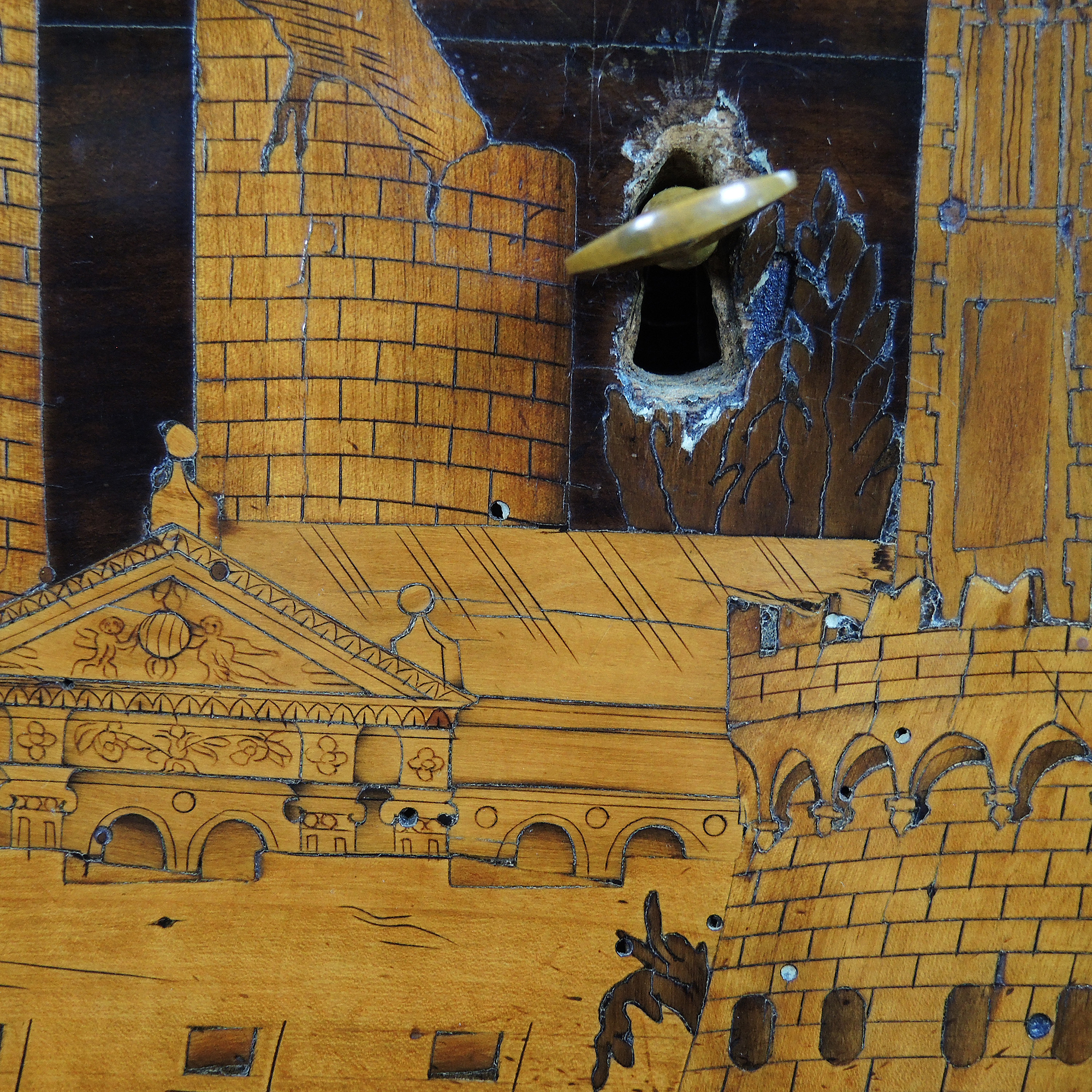 19th Century Italian Marquetry Inlaid Cabinet with Castle Scene