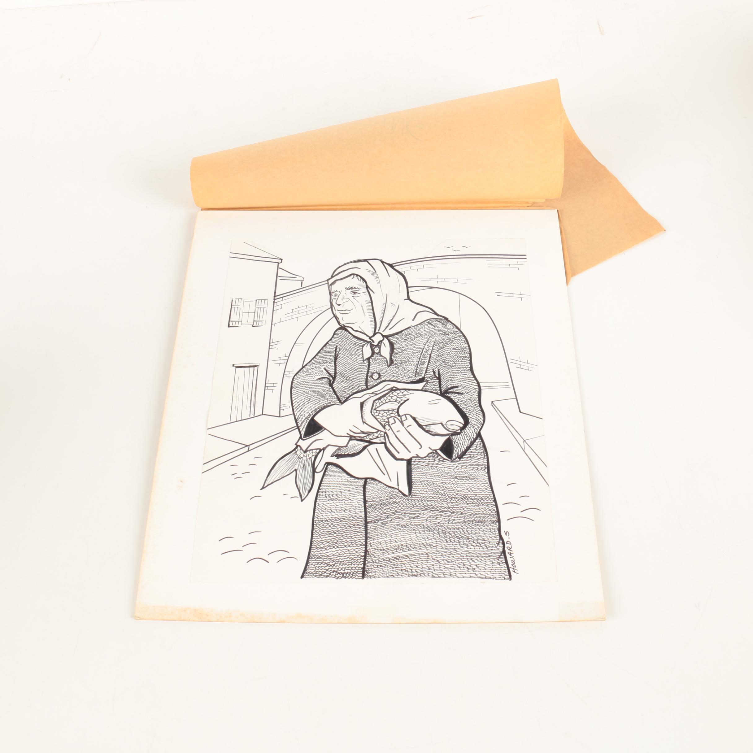 Ink Illustrations on Paper Featuring Howard Spielman