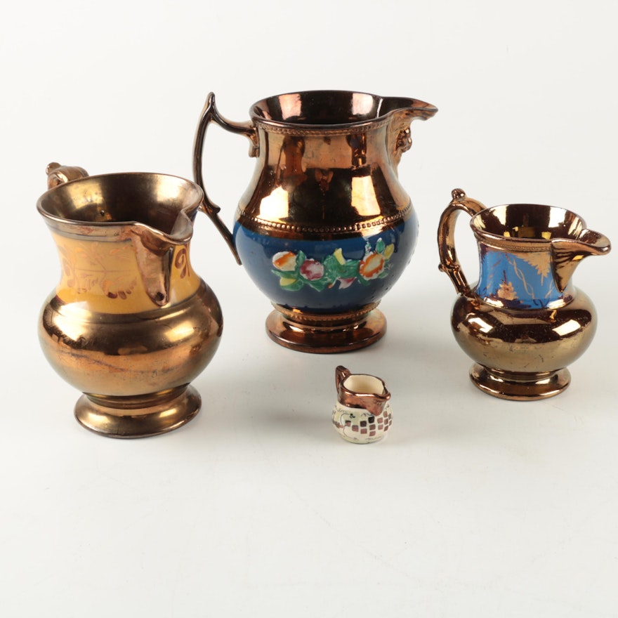 Collection of Hand Decorated Vintage Copper Lustre Pitchers