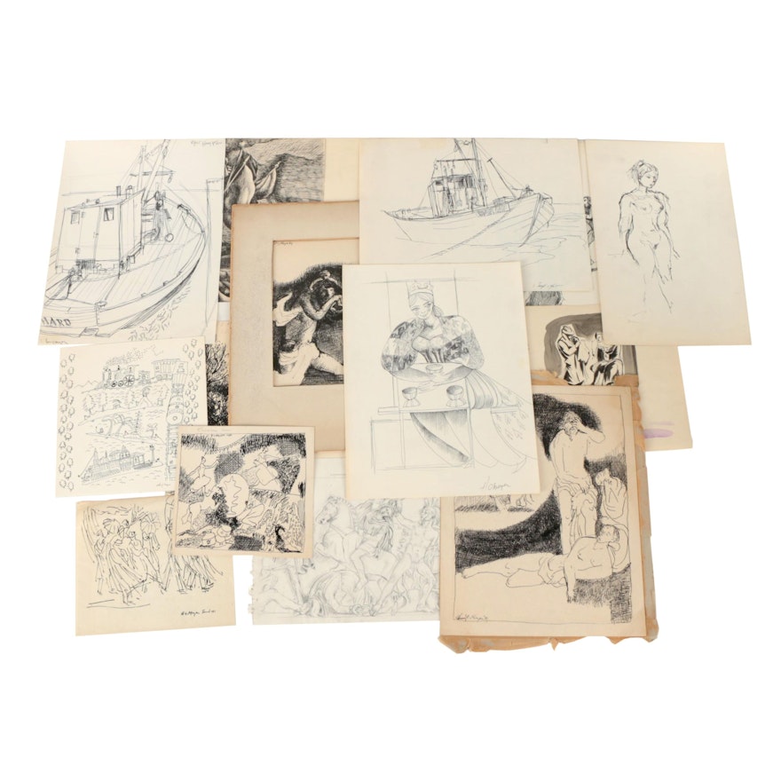 Collection of Ink and Graphite Drawings Featuring Henry C. Meyer