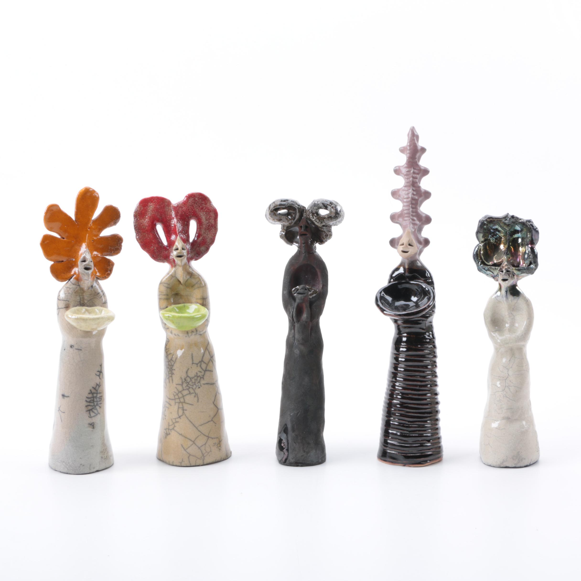 Signed Raku Fired Art Pottery Figurines