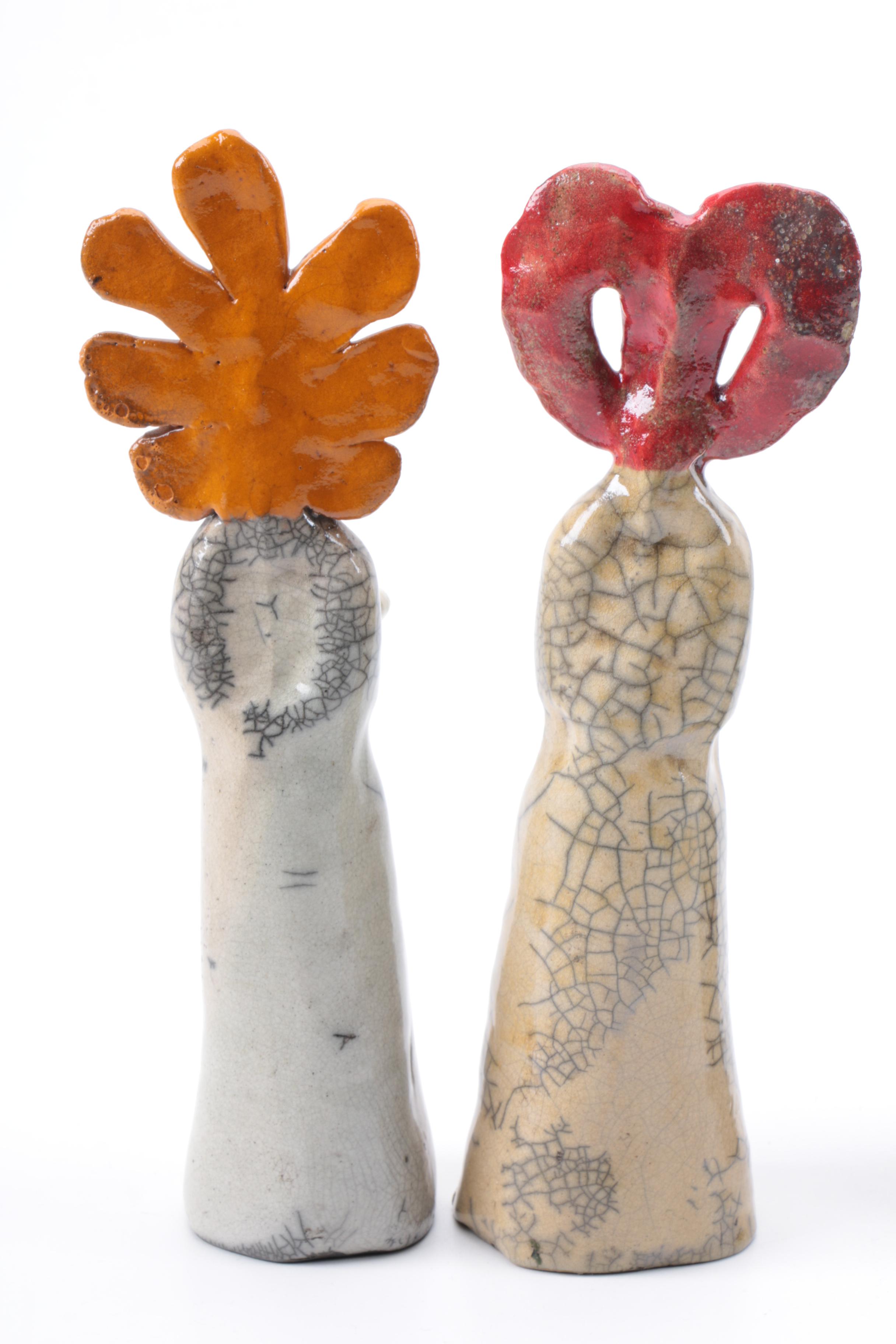 Signed Raku Fired Art Pottery Figurines