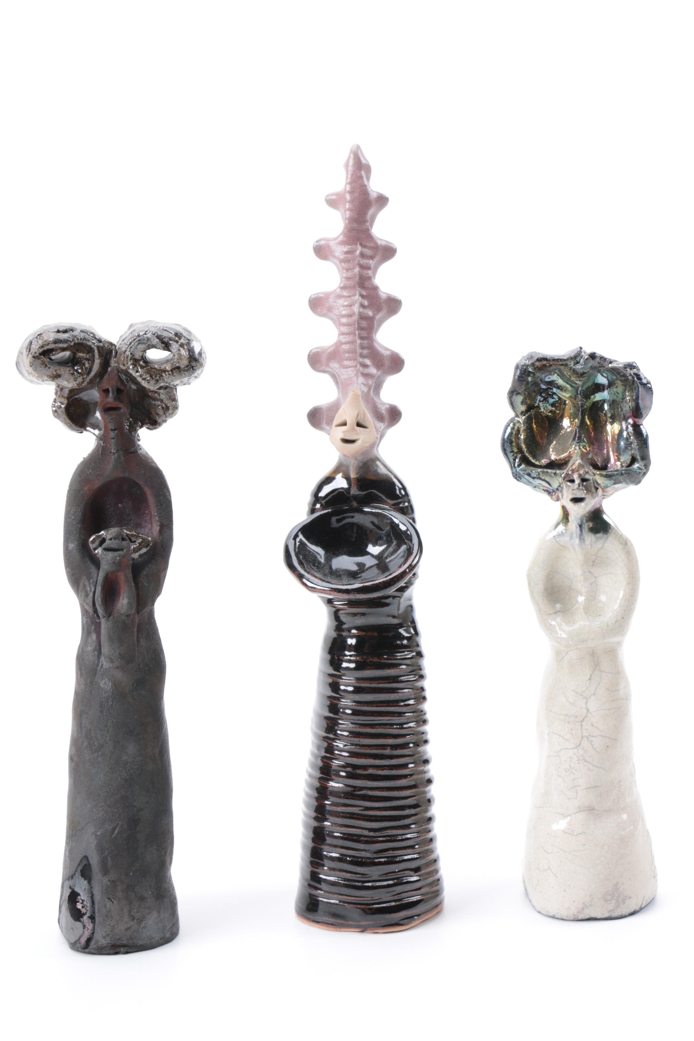 Signed Raku Fired Art Pottery Figurines