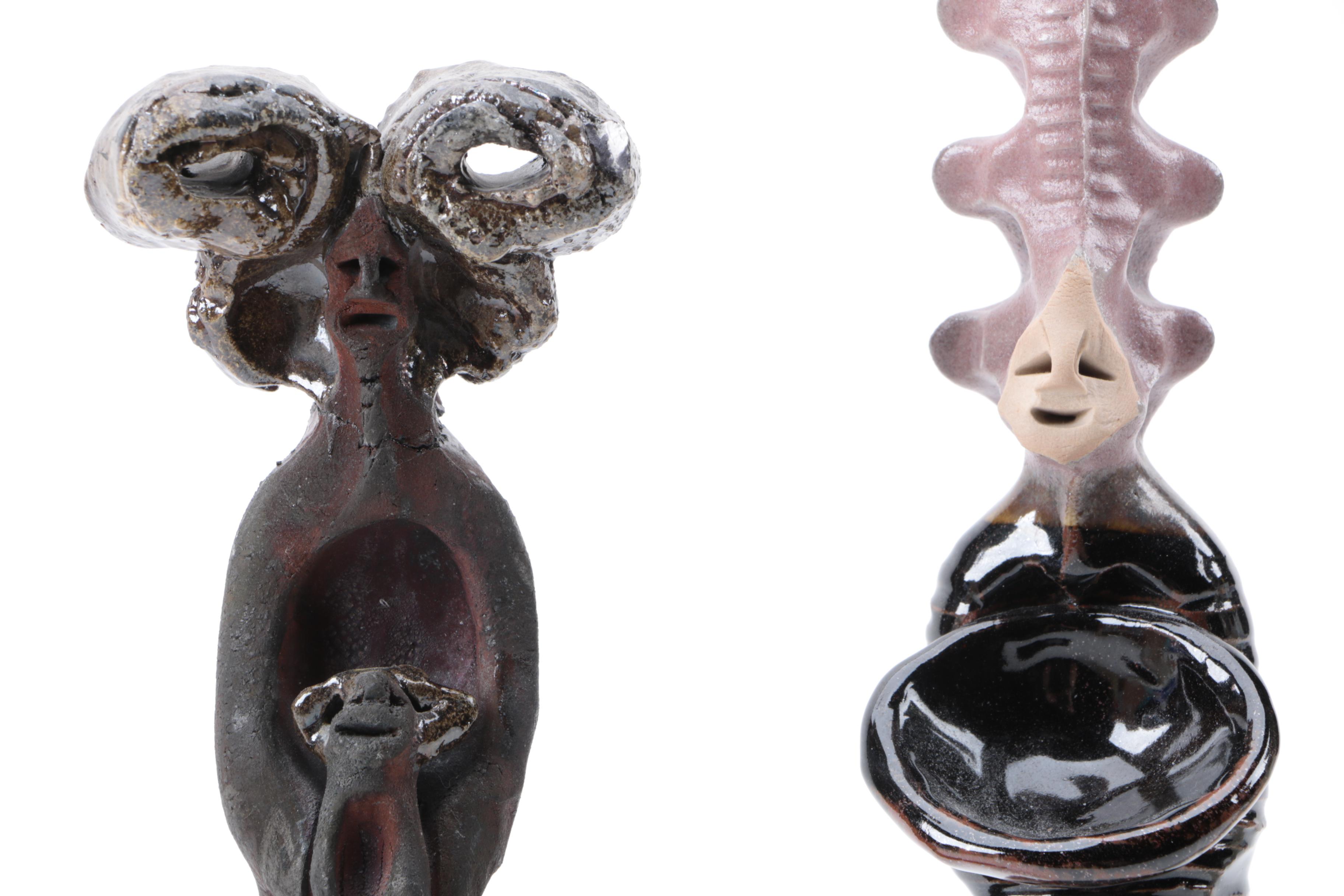 Signed Raku Fired Art Pottery Figurines