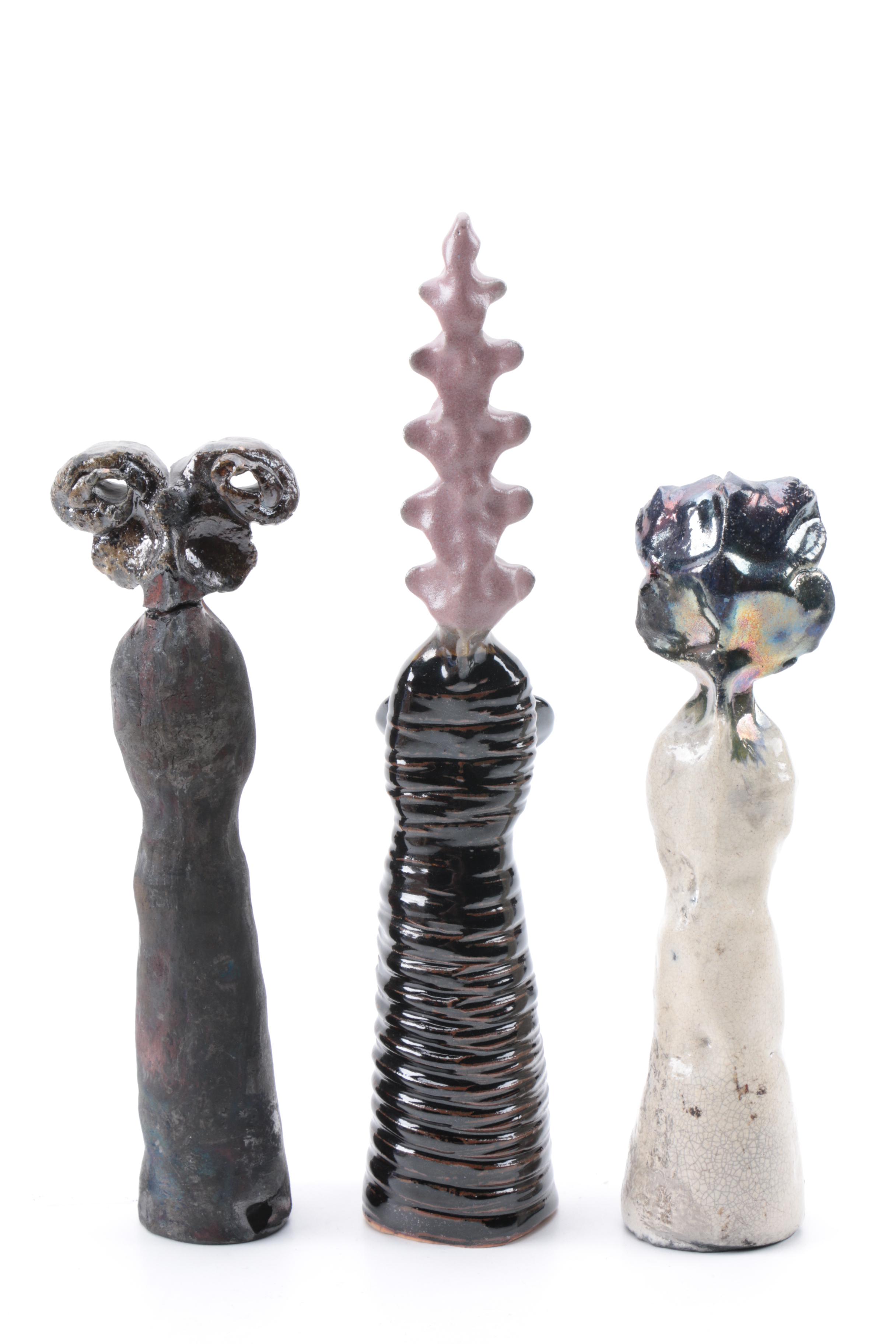 Signed Raku Fired Art Pottery Figurines