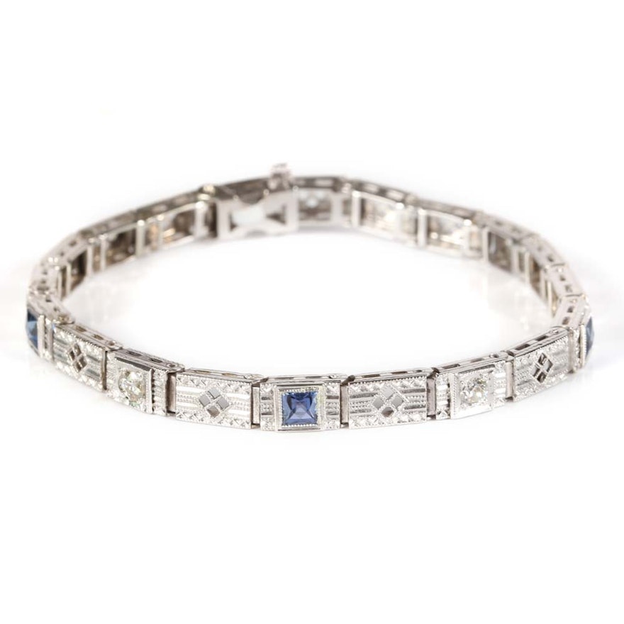 Edwardian Style 14K White Gold Diamond and Sapphire Bracelet