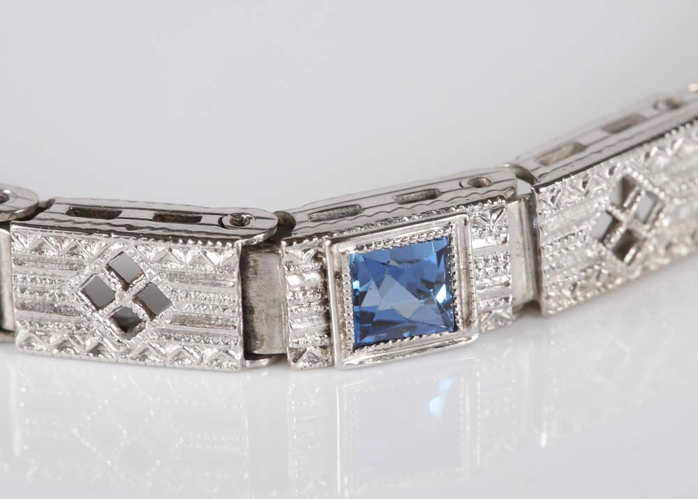 Edwardian Style 14K White Gold Diamond and Sapphire Bracelet