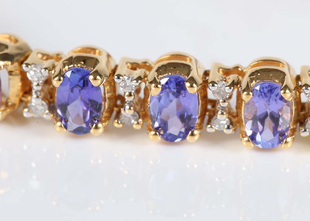 18K Yellow Gold 7.50 CTW Tanzanite and Diamond Tennis Bracelet