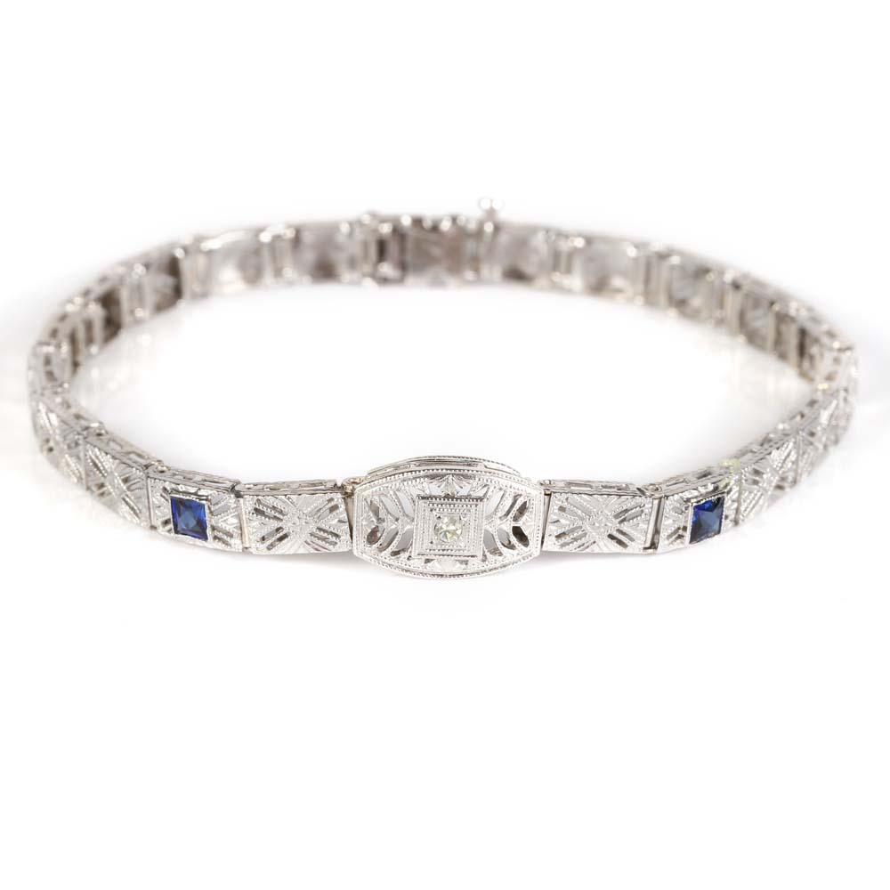 Edwardian Inspired 14K White Gold Diamond and Sapphire Bracelet