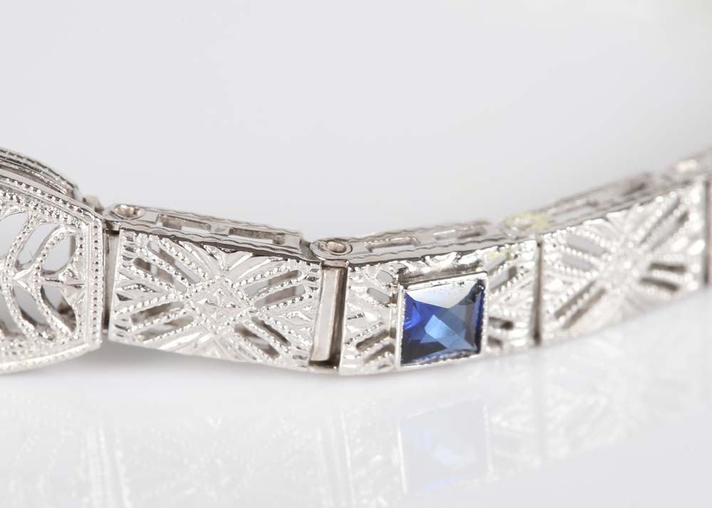 Edwardian Inspired 14K White Gold Diamond and Sapphire Bracelet