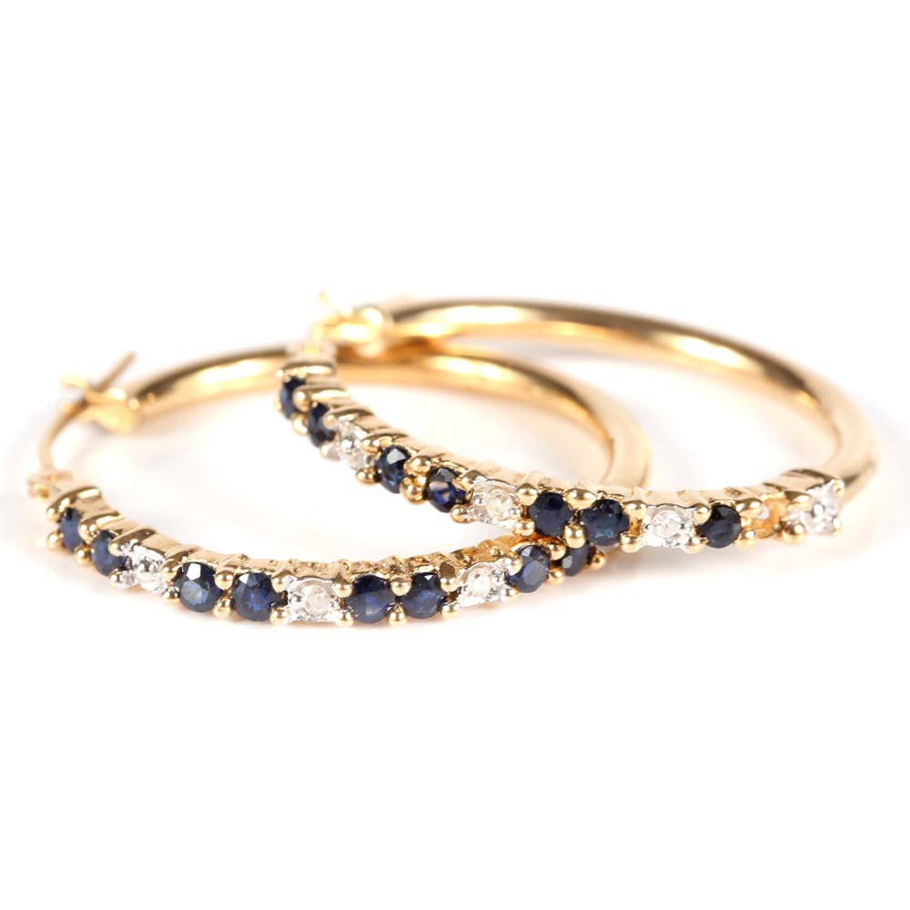 10K Yellow Gold Sapphire and Diamond Hoop Earrings