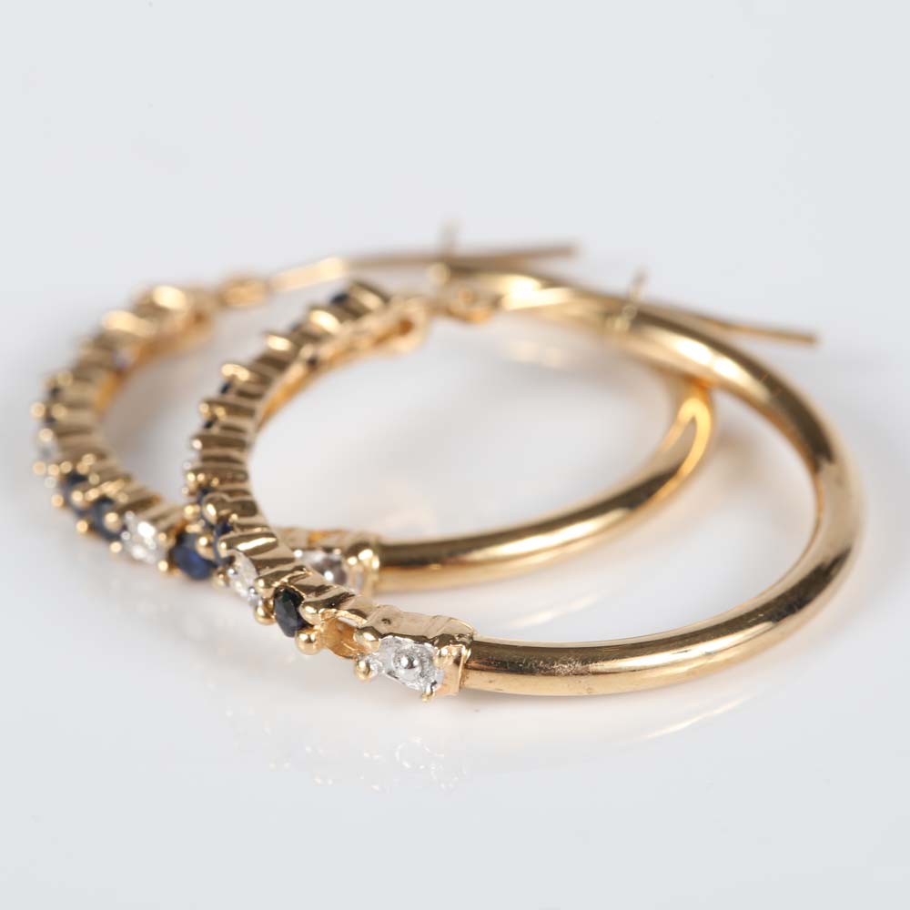 10K Yellow Gold Sapphire and Diamond Hoop Earrings