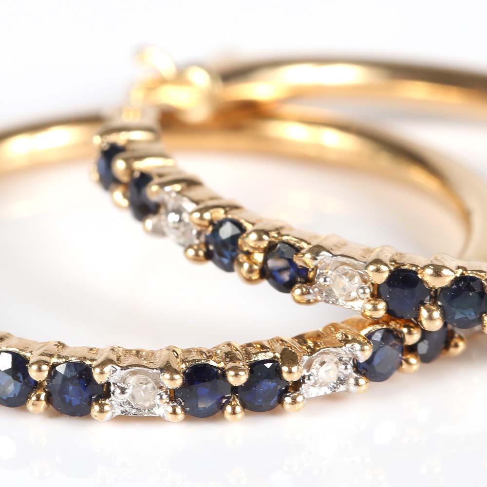10K Yellow Gold Sapphire and Diamond Hoop Earrings