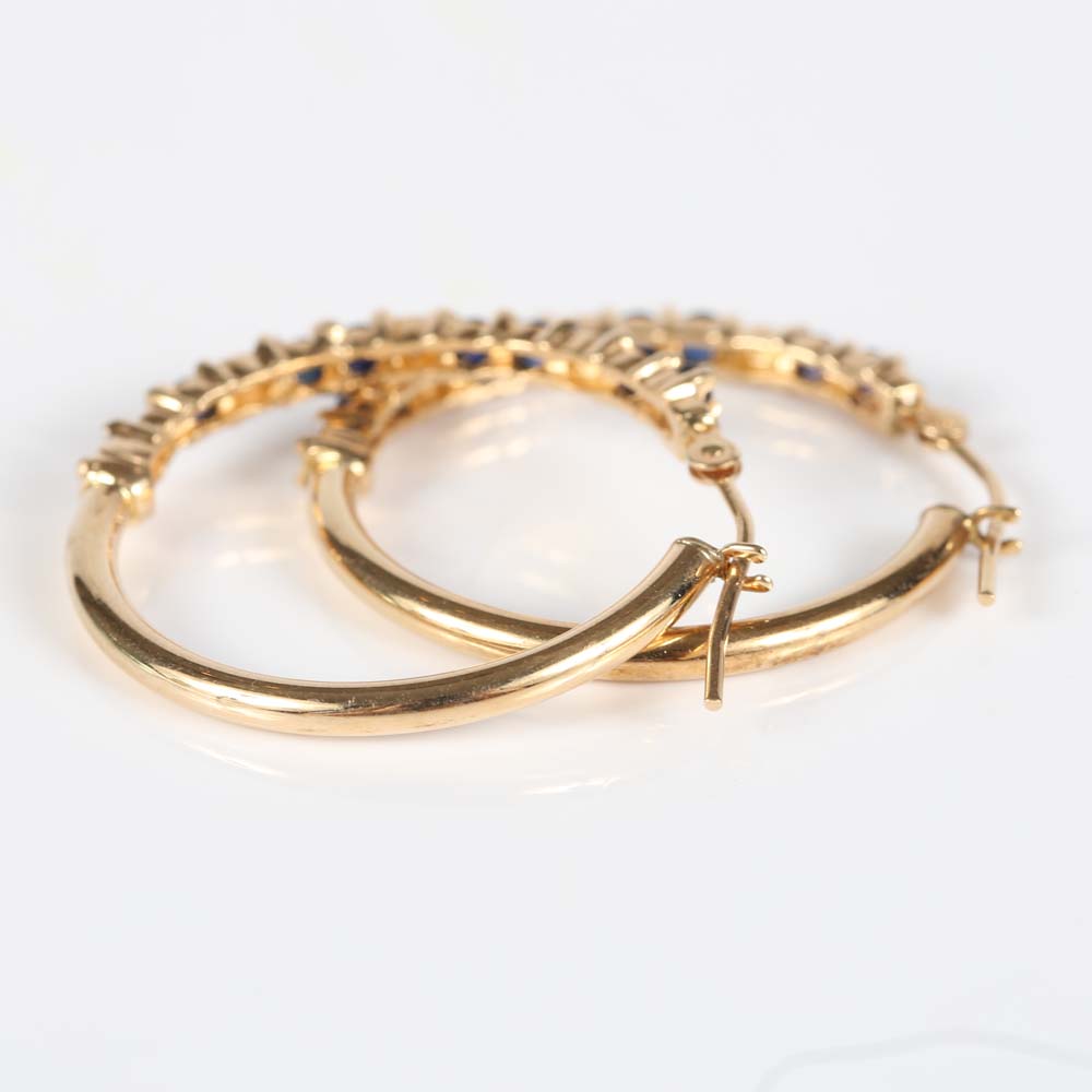 10K Yellow Gold Sapphire and Diamond Hoop Earrings