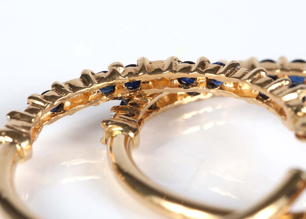 10K Yellow Gold Sapphire and Diamond Hoop Earrings