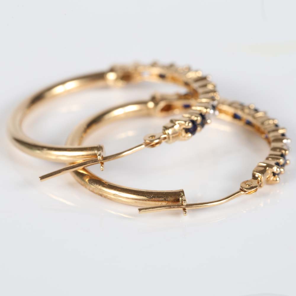 10K Yellow Gold Sapphire and Diamond Hoop Earrings