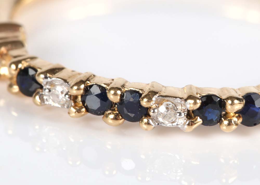 10K Yellow Gold Sapphire and Diamond Hoop Earrings