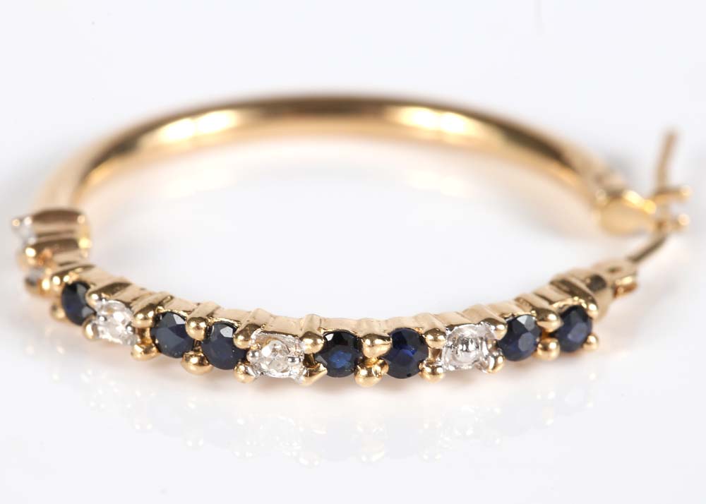 10K Yellow Gold Sapphire and Diamond Hoop Earrings
