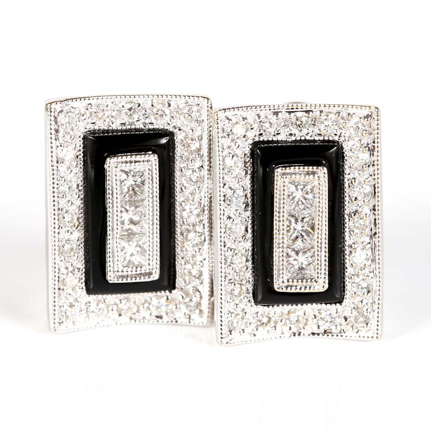 14K White Gold Diamond and Black Onyx Earrings