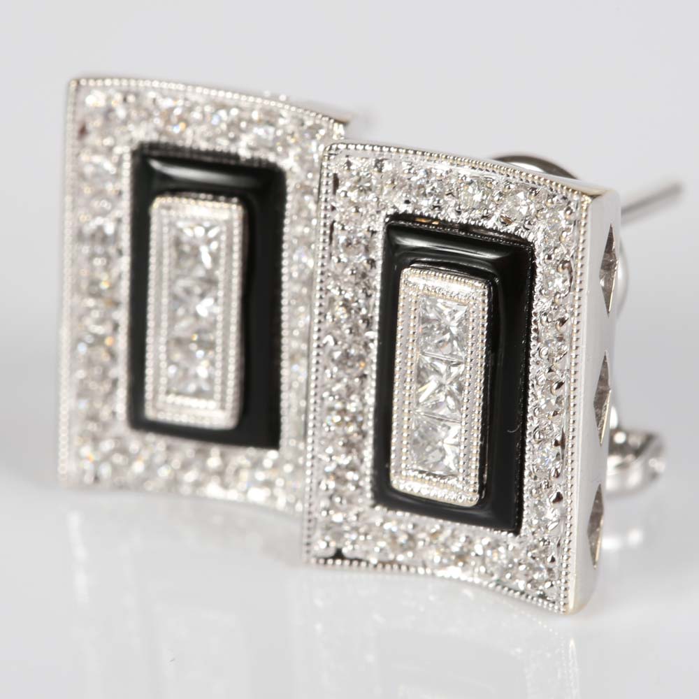 14K White Gold Diamond and Black Onyx Earrings