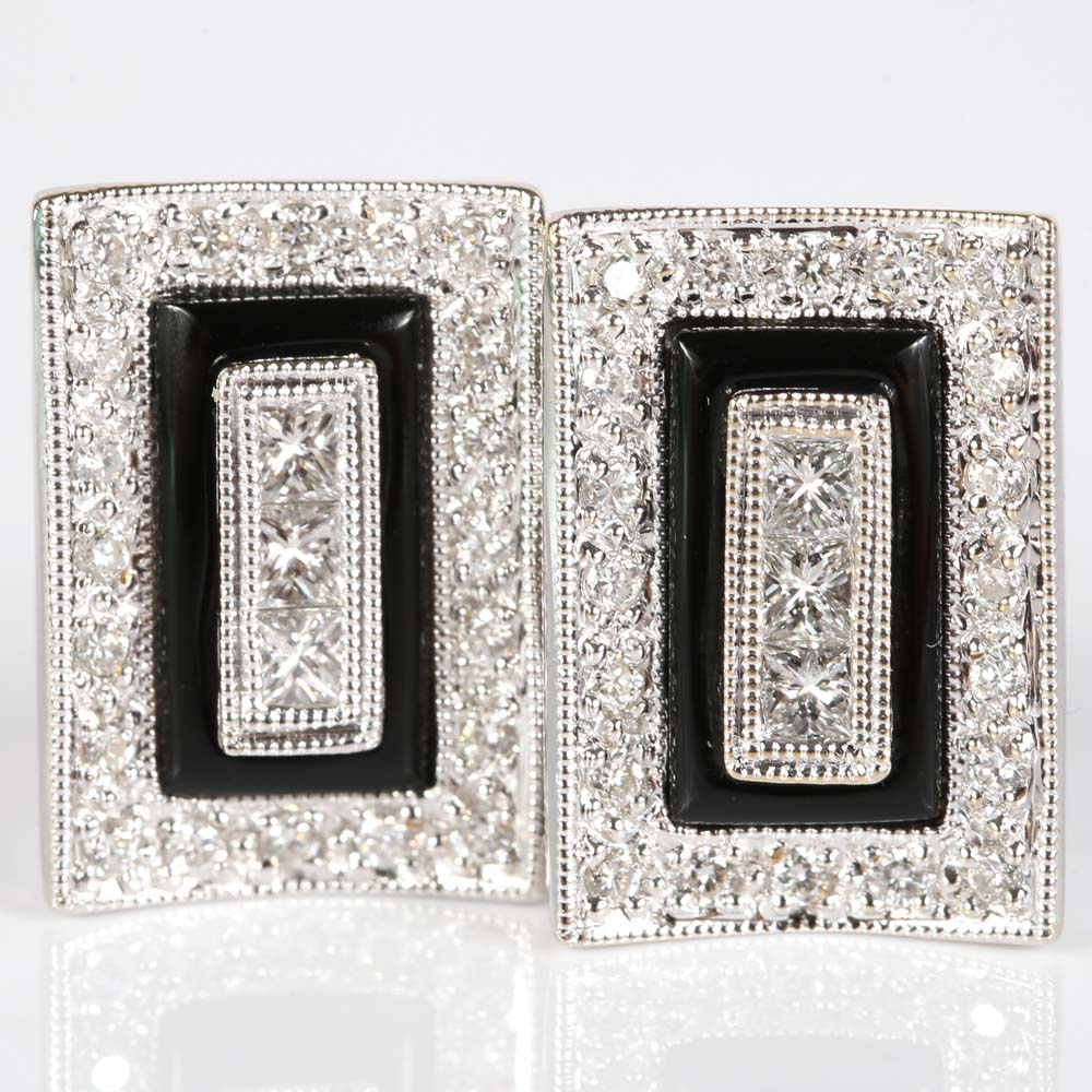 14K White Gold Diamond and Black Onyx Earrings