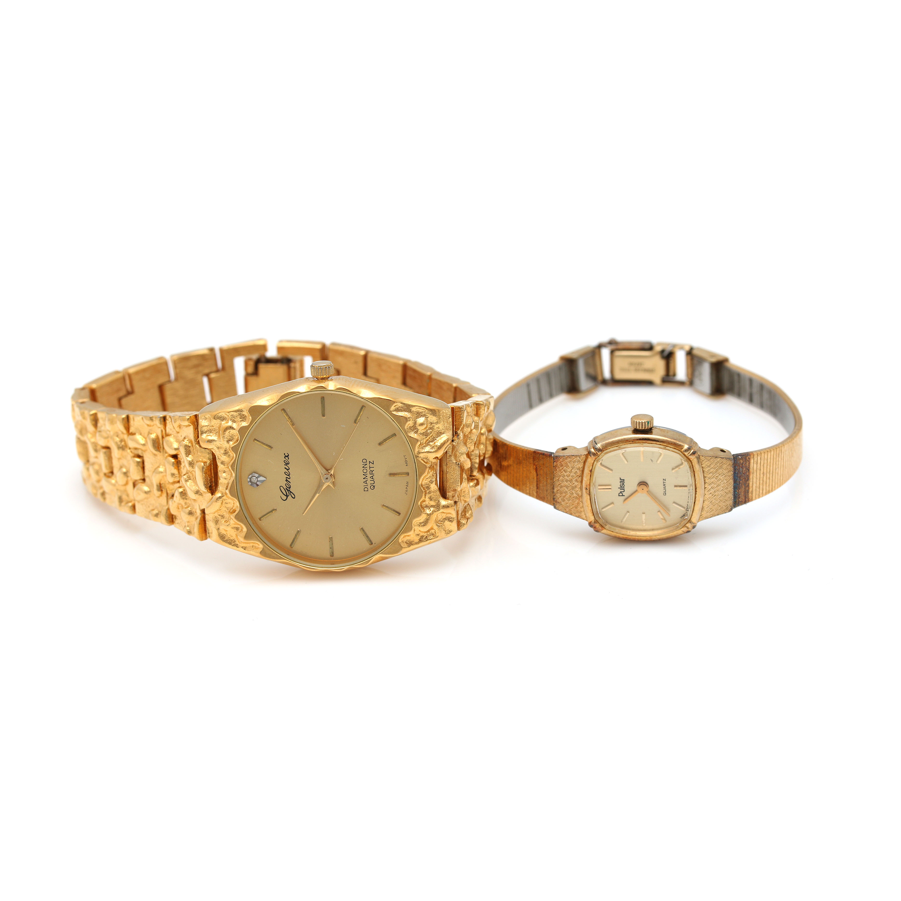 An Assortment of Gold Tone Watches Including Genevex and Pulsar