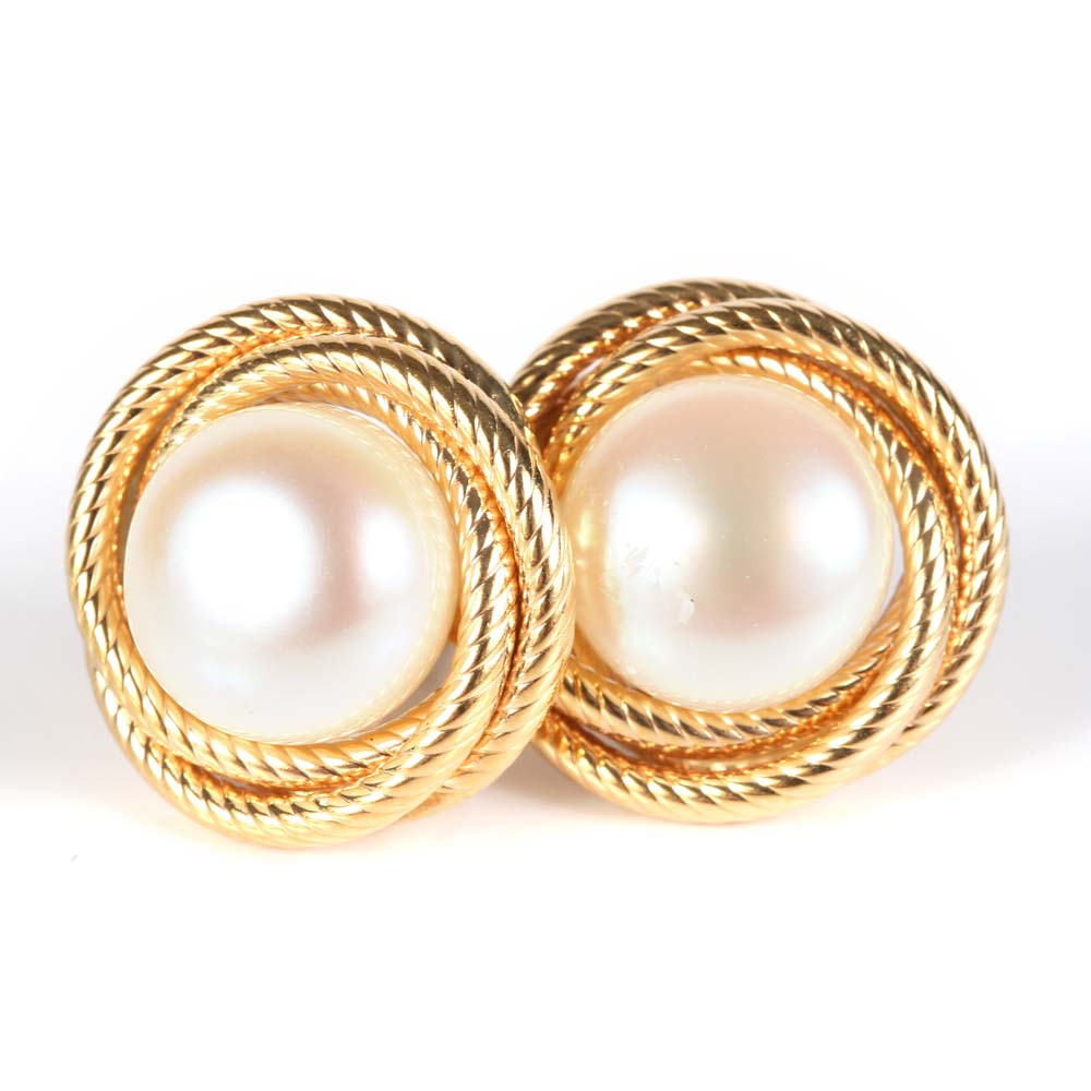 14K Yellow Gold Freshwater Button Pearl Earrings
