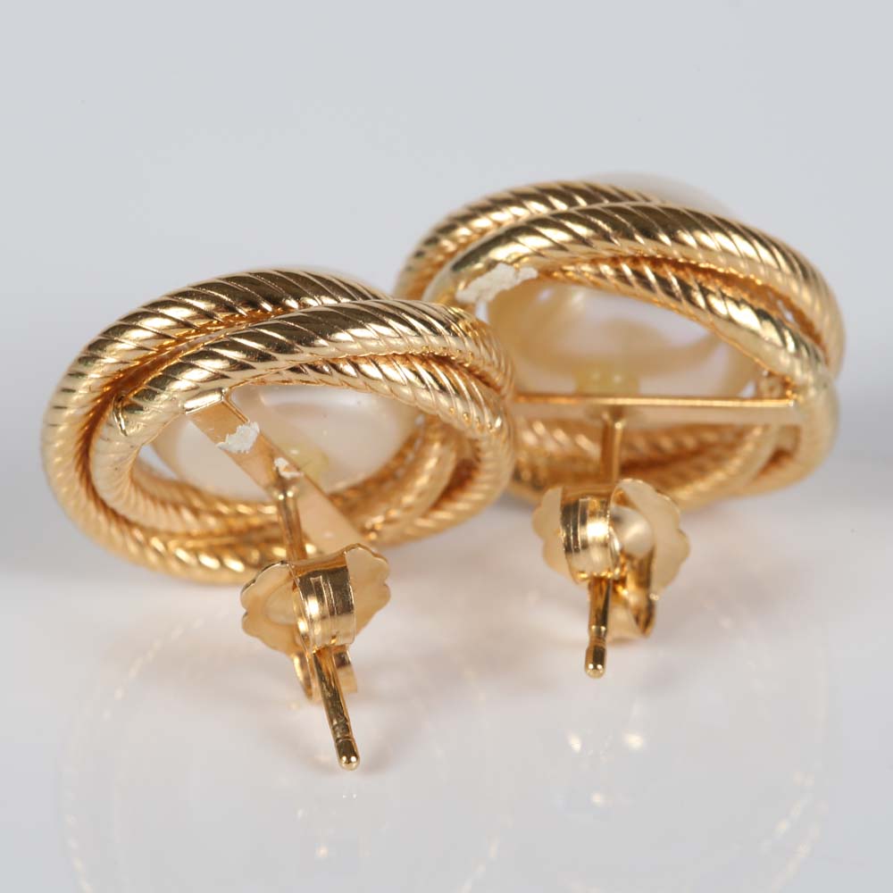 14K Yellow Gold Freshwater Button Pearl Earrings