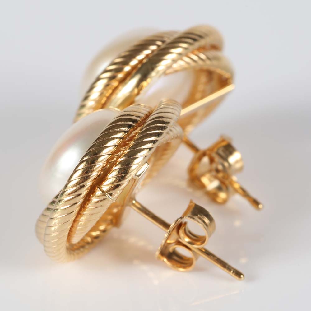 14K Yellow Gold Freshwater Button Pearl Earrings