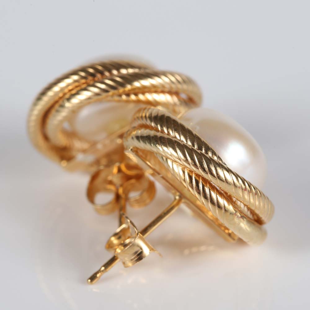 14K Yellow Gold Freshwater Button Pearl Earrings