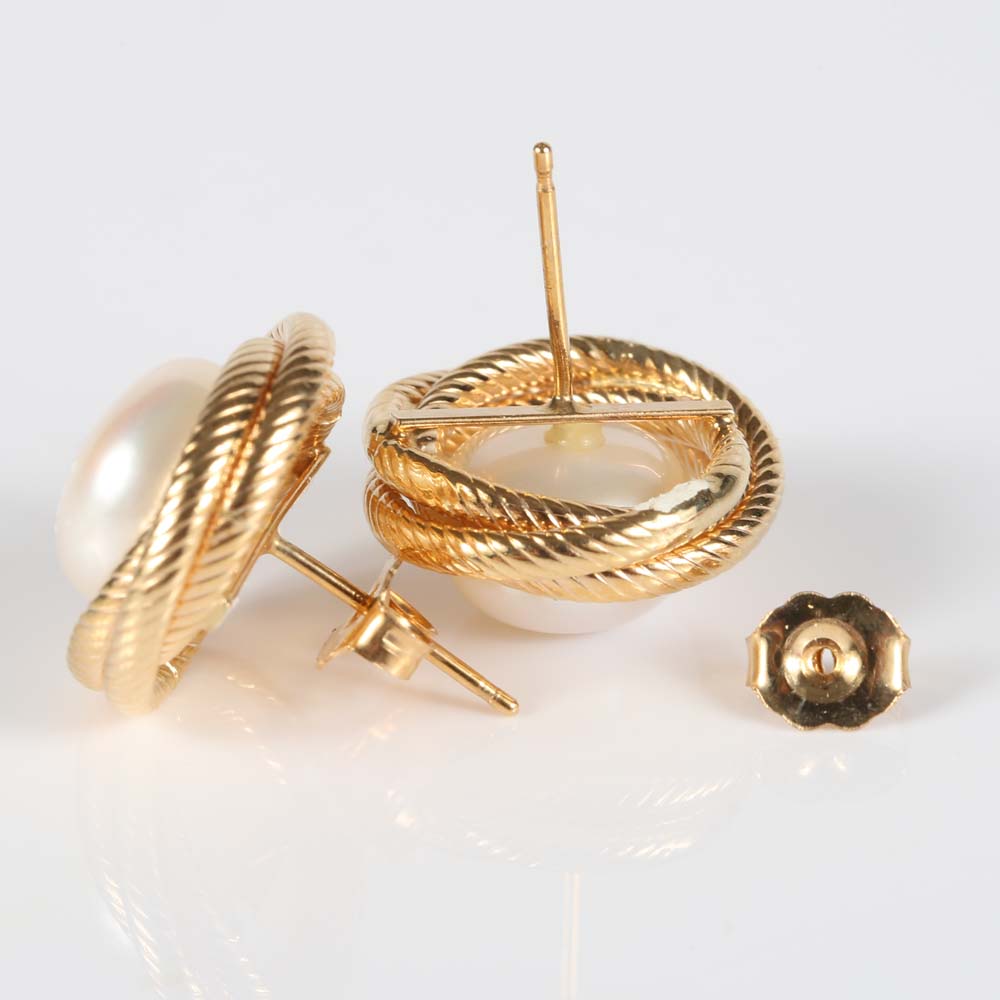 14K Yellow Gold Freshwater Button Pearl Earrings
