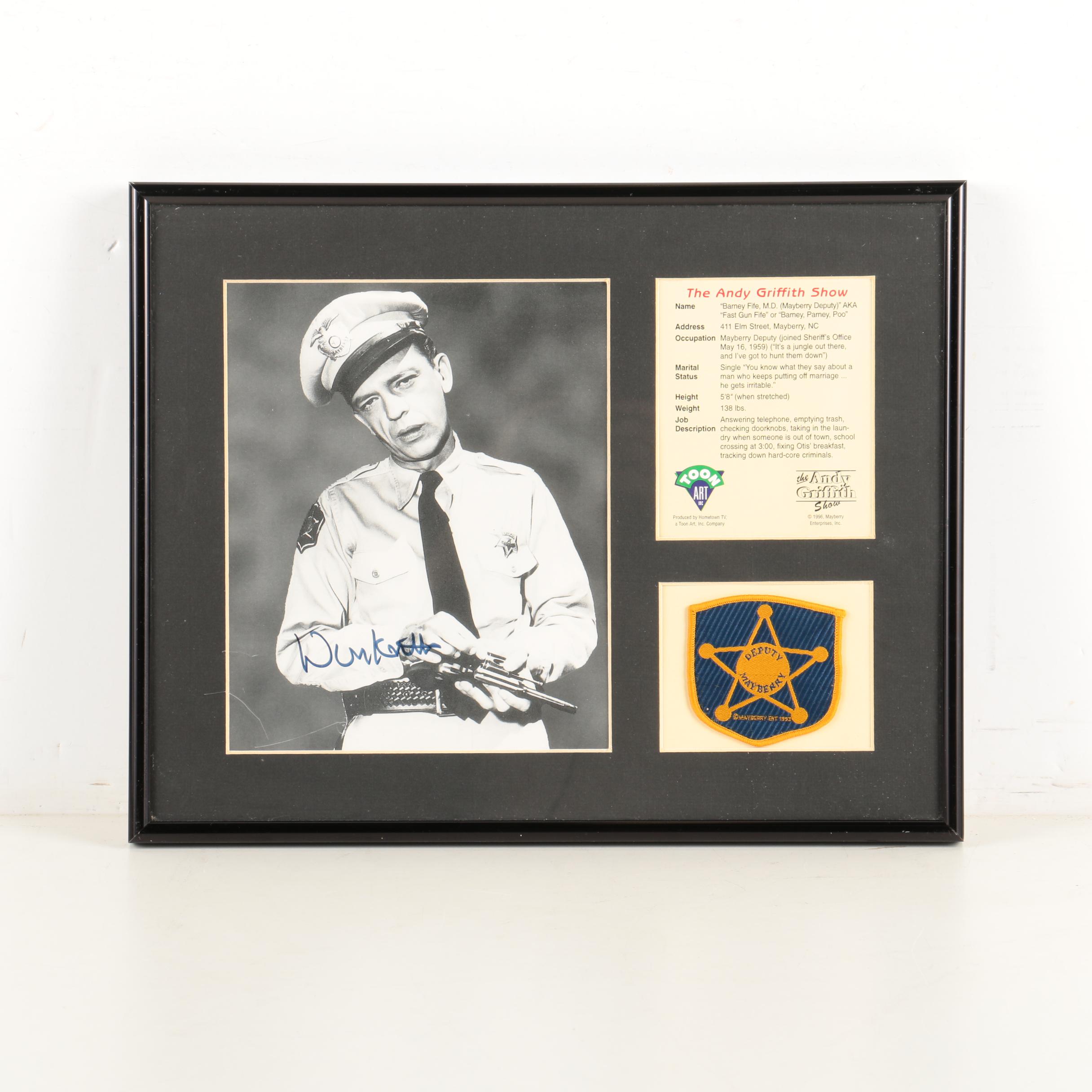 Don Knotts Autographed Barney Fife Print and Mayberry Badge