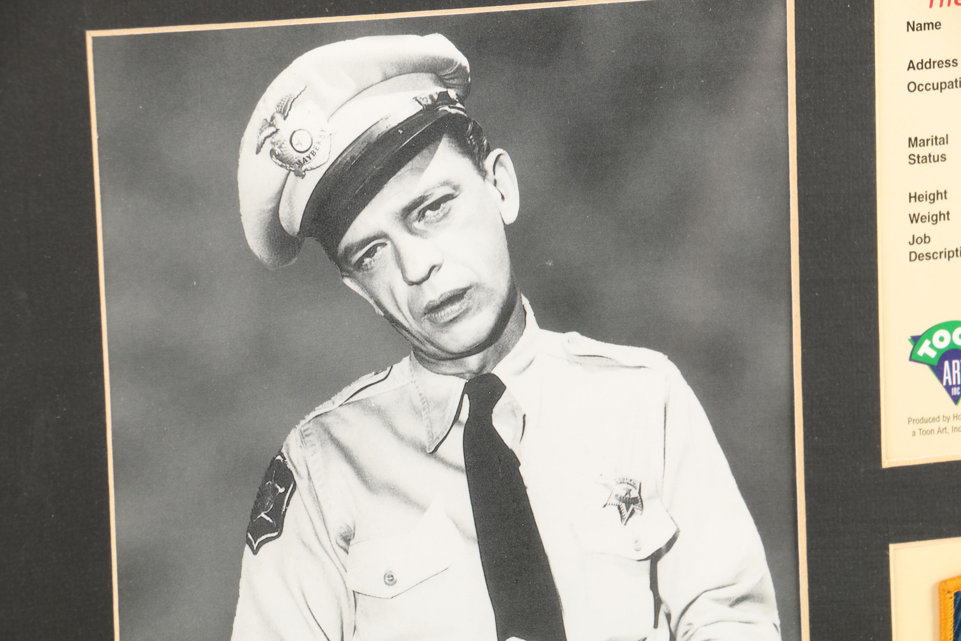 Don Knotts Autographed Barney Fife Print and Mayberry Badge