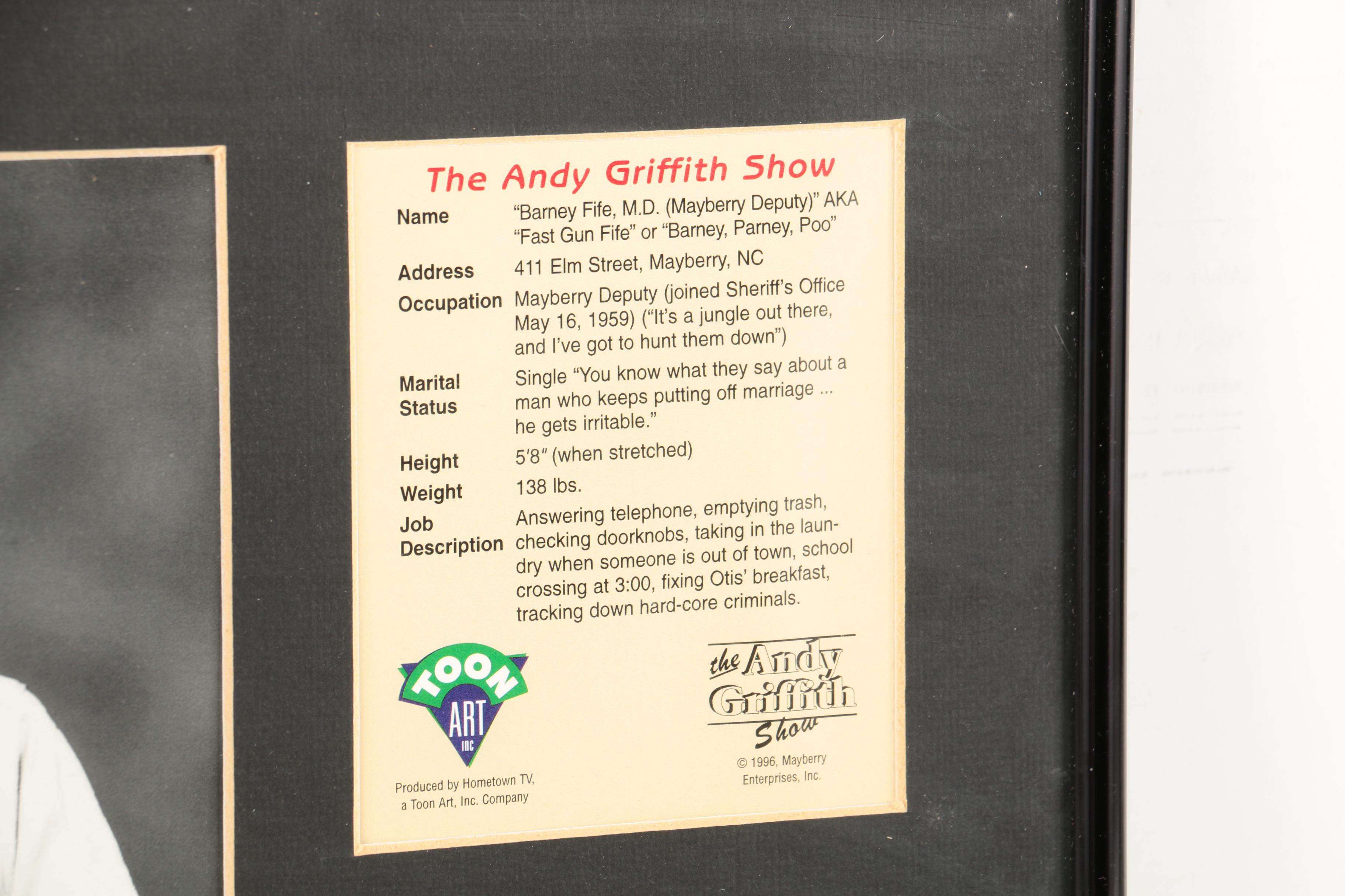 Don Knotts Autographed Barney Fife Print and Mayberry Badge