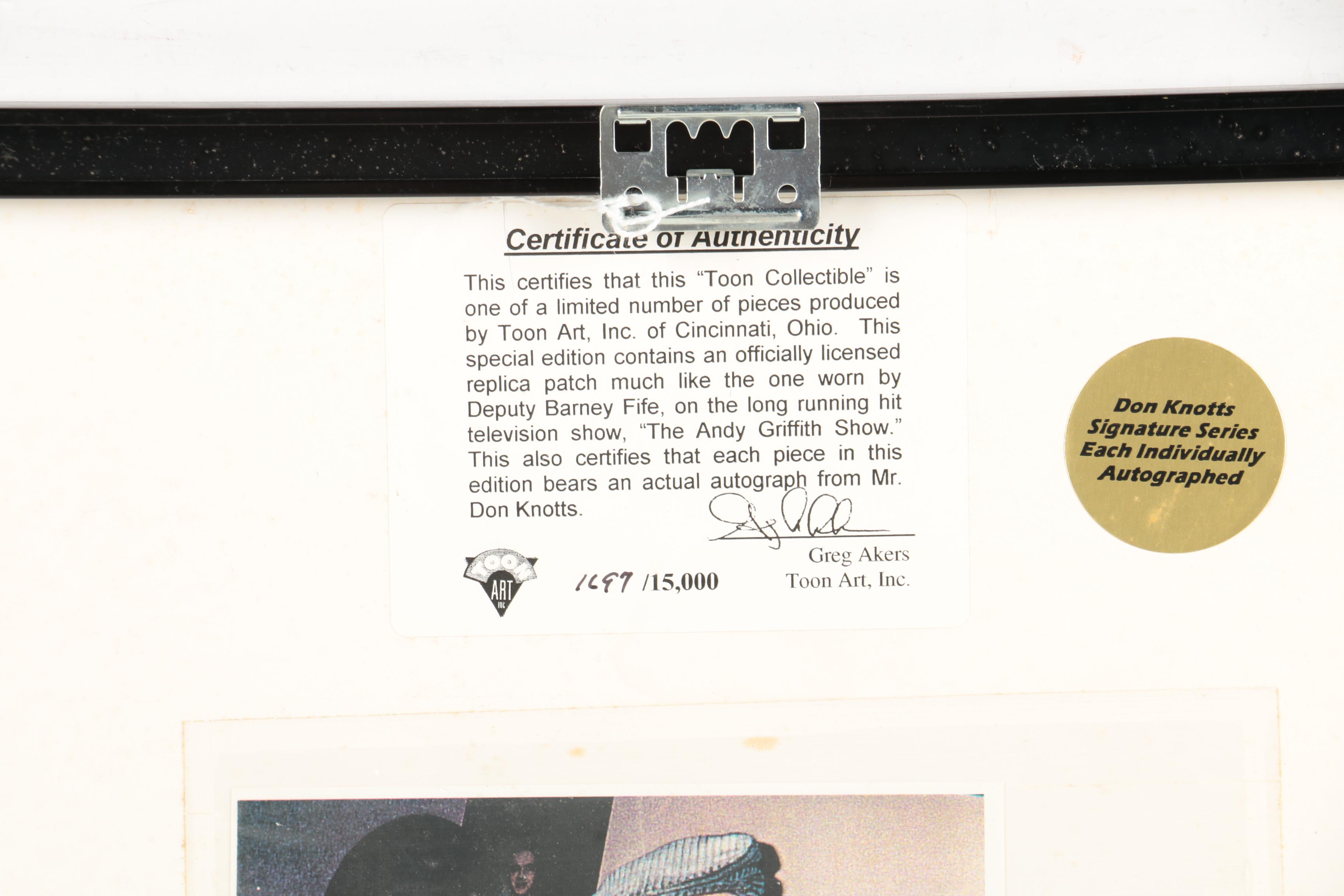 Don Knotts Autographed Barney Fife Print and Mayberry Badge