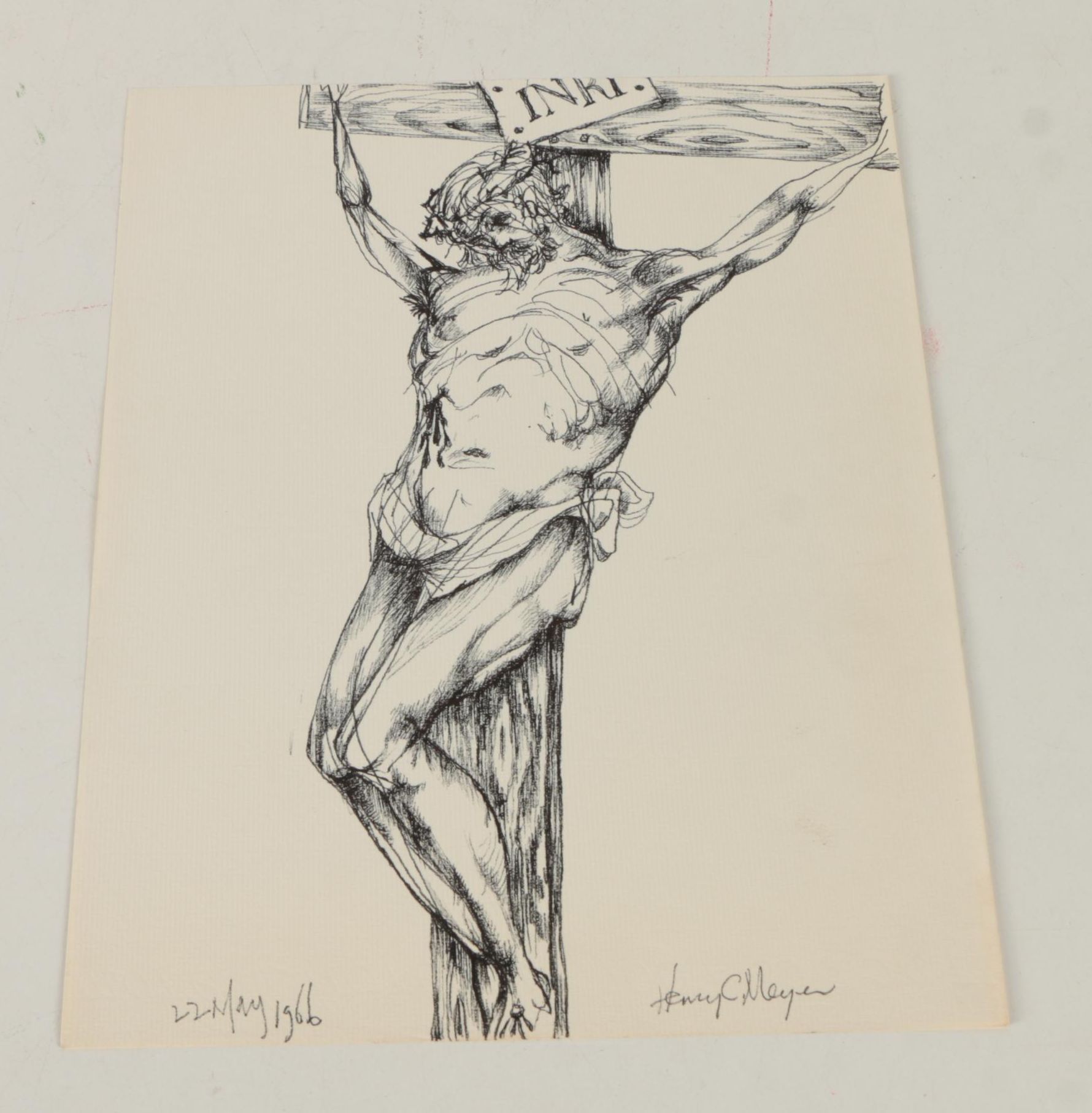 Henry C. Meyer 1960s Ink Sketches on Paper of Christ on the Cross