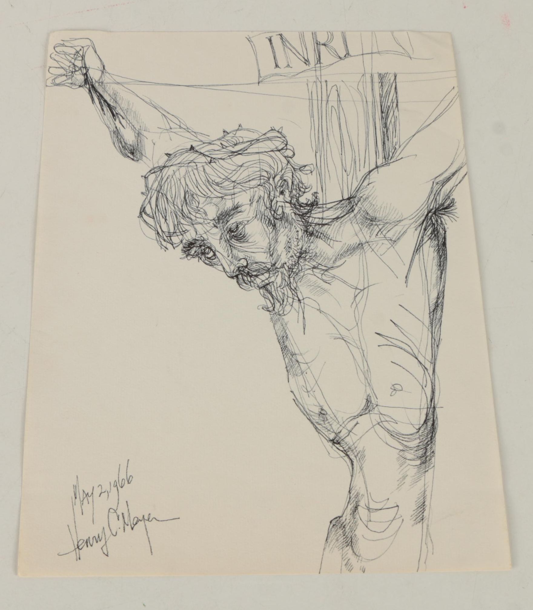 Henry C. Meyer 1960s Ink Sketches on Paper of Christ on the Cross