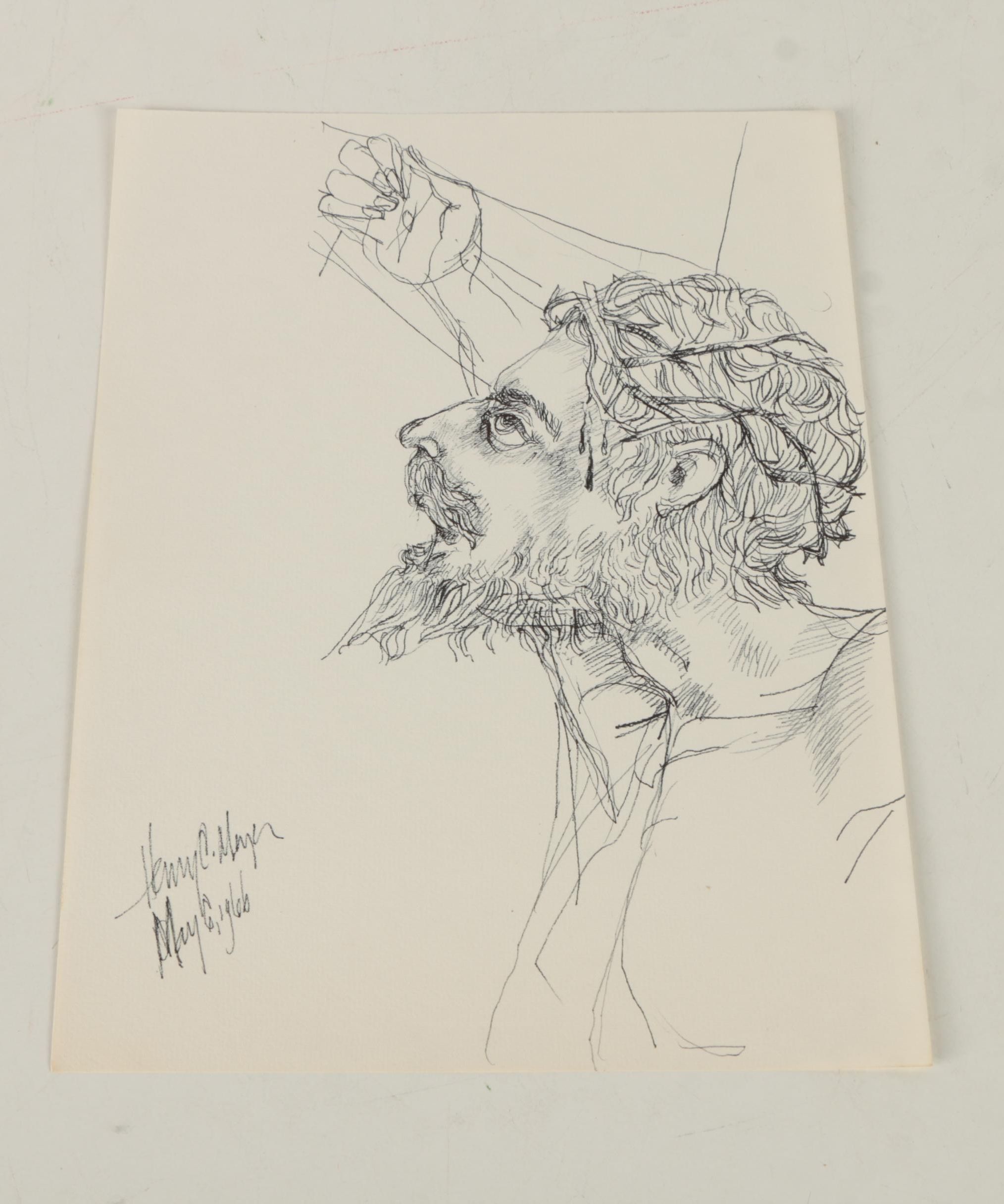 Henry C. Meyer 1960s Ink Sketches on Paper of Christ on the Cross