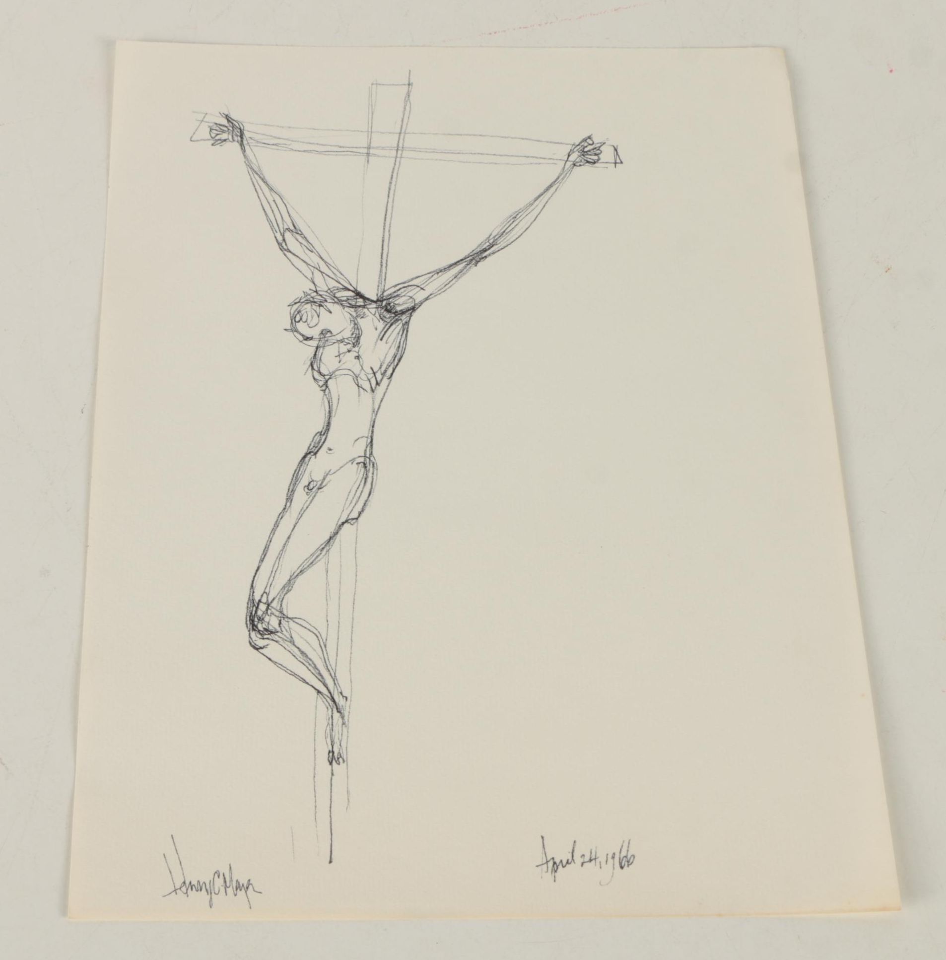 Henry C. Meyer 1960s Ink Sketches on Paper of Christ on the Cross
