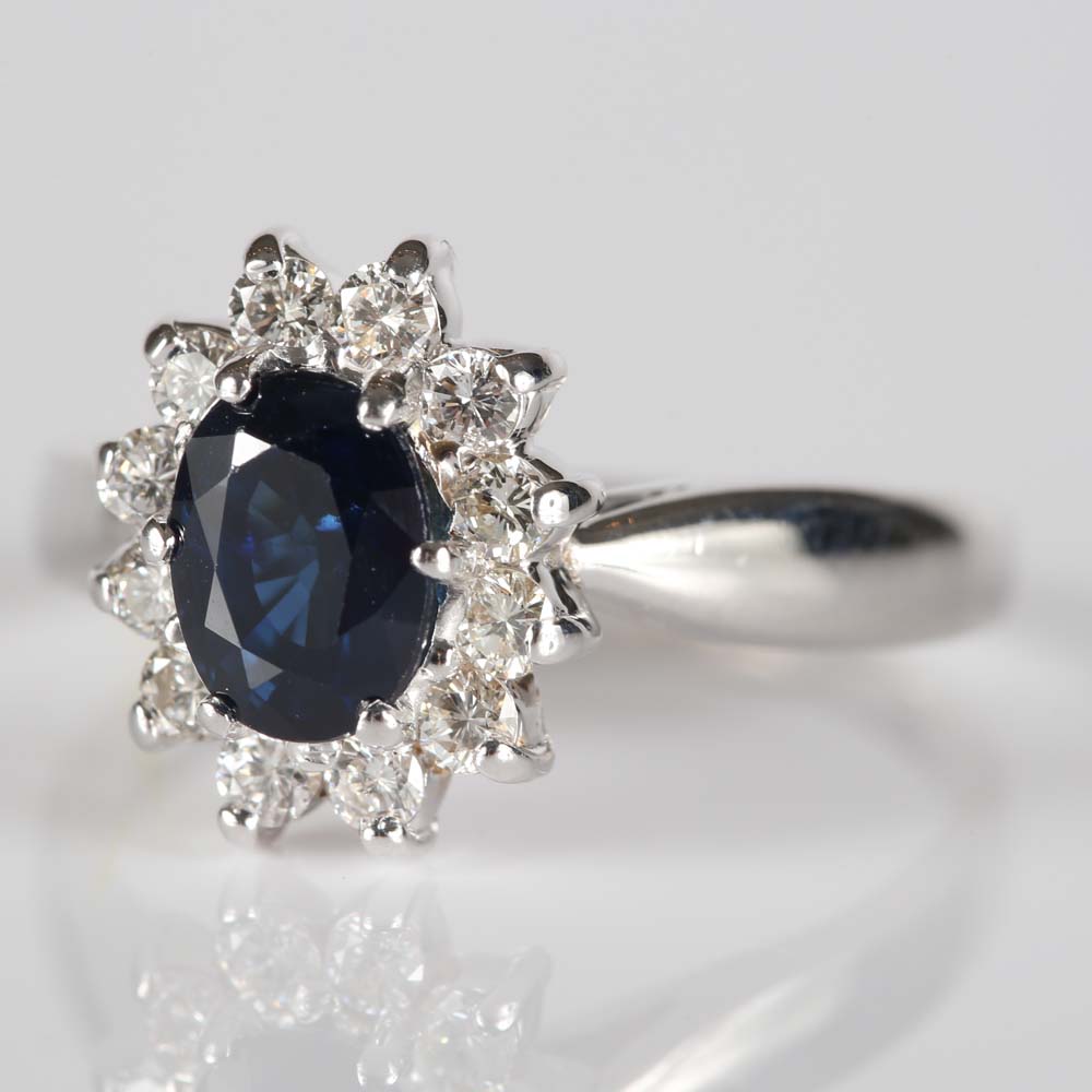 14K White Gold 1.08 Carat Sapphire and Diamond Ring
