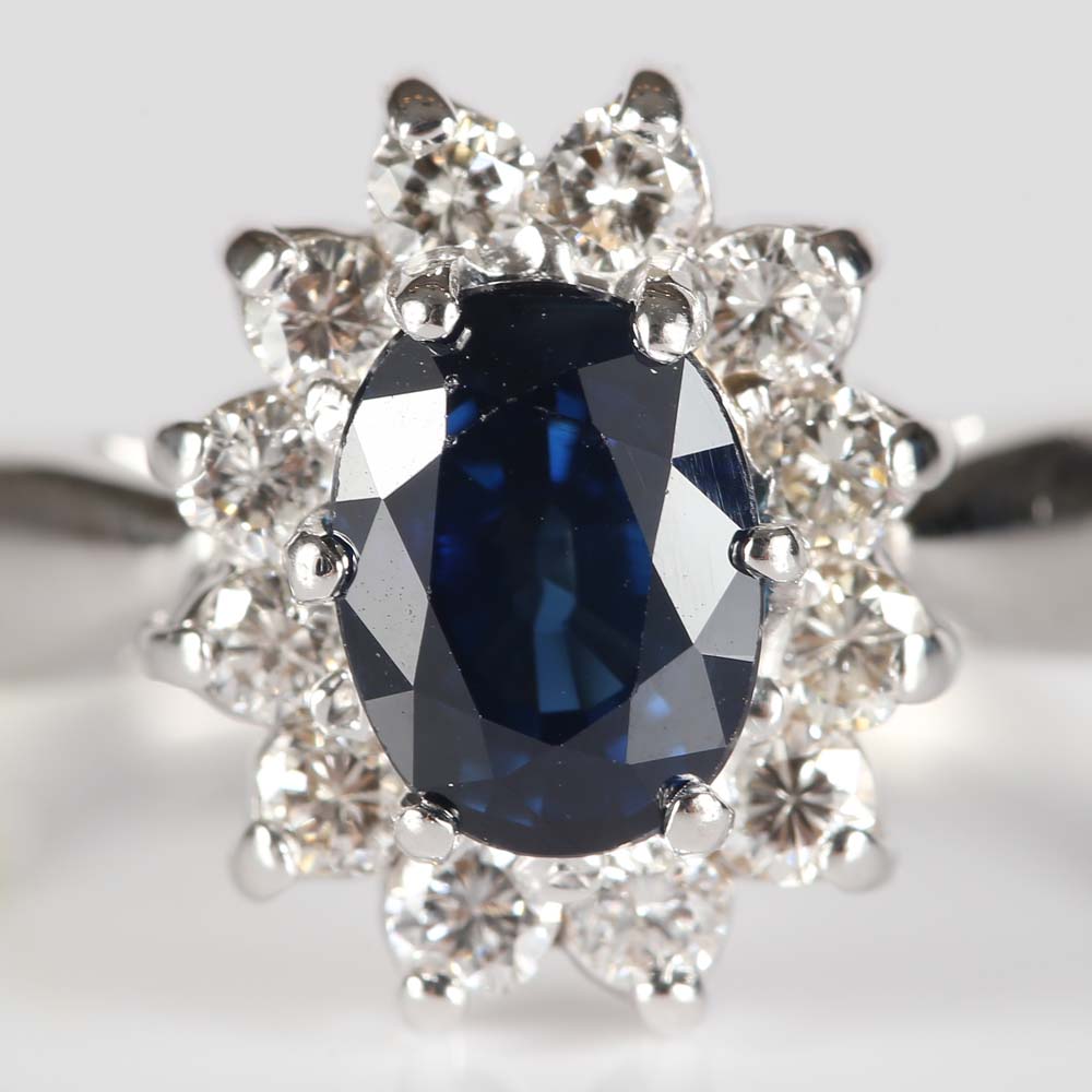 14K White Gold 1.08 Carat Sapphire and Diamond Ring