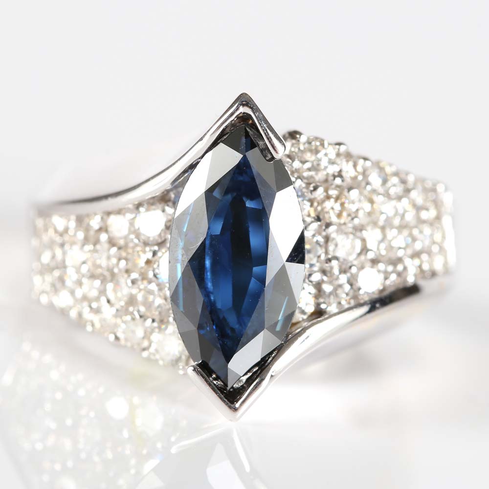14K White Gold 2.06 Carat Marquise Sapphire and 1.00 CTW Diamond Ring