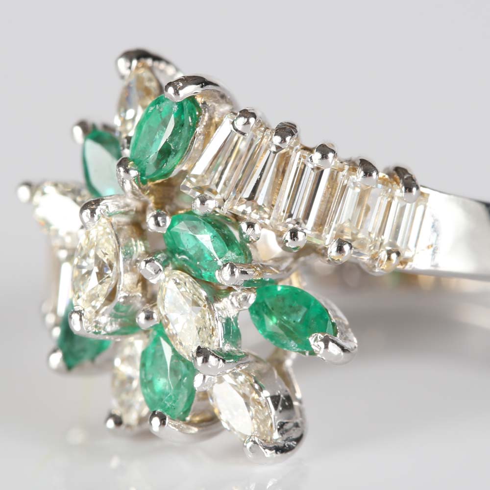 14K White Gold Emerald and Diamond Cluster Ring