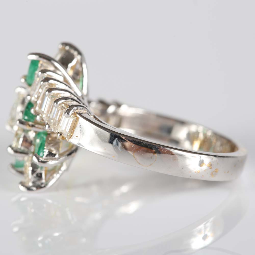 14K White Gold Emerald and Diamond Cluster Ring