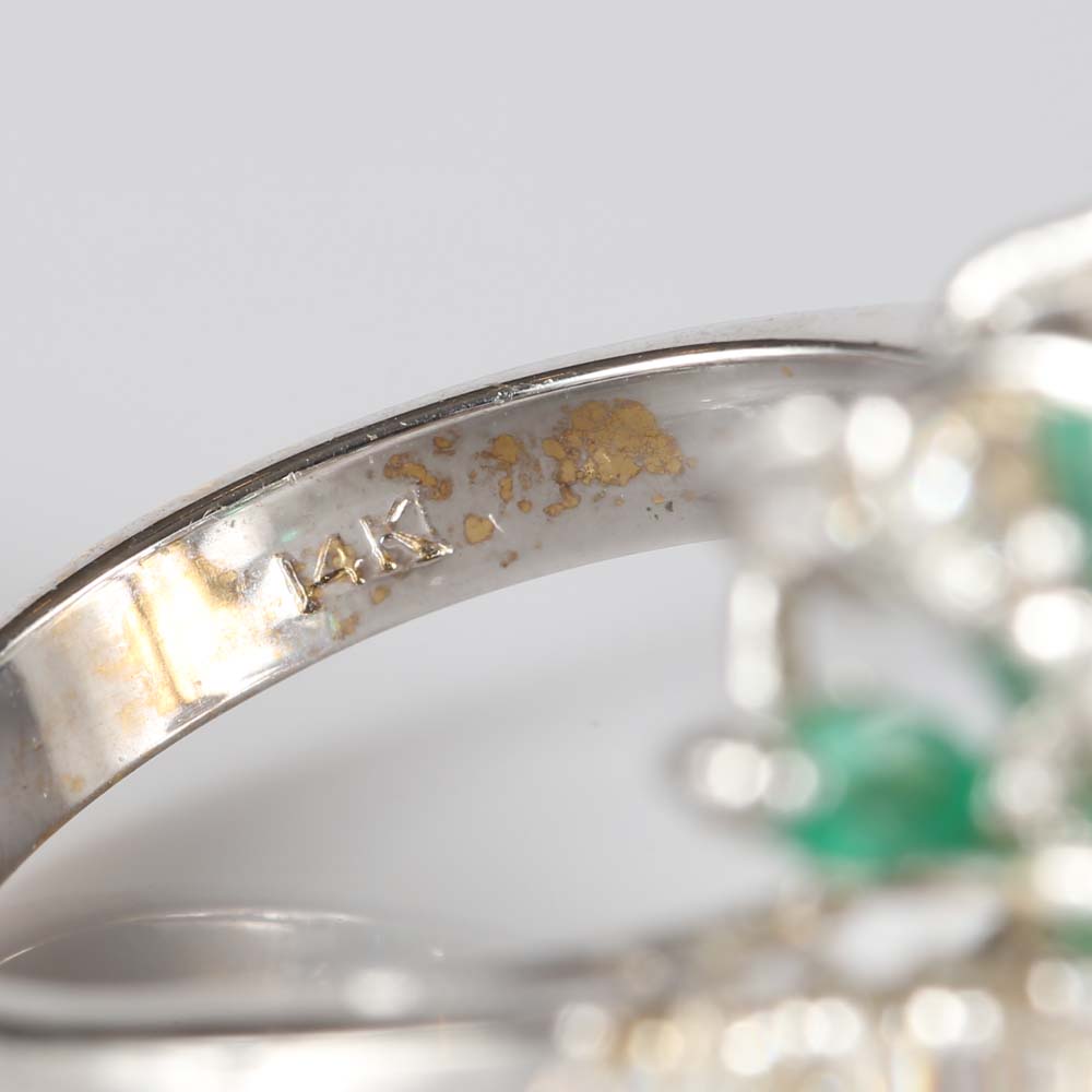 14K White Gold Emerald and Diamond Cluster Ring