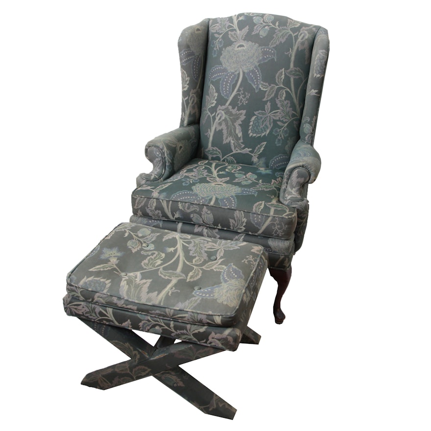 Queen Anne Style Wingback Chair with Ottoman