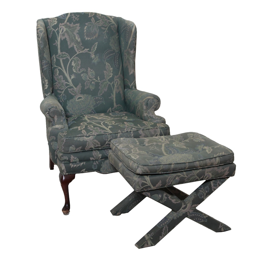 Queen Anne Style Wingback Chair with Ottoman